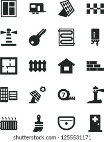 Solid Black Vector Icon Set - dwelling vector, brick wall, window, long meashuring tape, wooden paint brush, sink, laying out, key, city block, ceramic tiles, heating coil, new radiator, aluminum