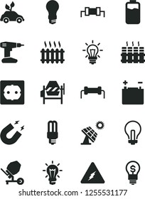 Solid Black Vector Icon Set - incandescent lamp vector, concrete mixer, drill, power socket type f, radiator, charge level, big solar panel, accumulator, light bulb, mercury, cast iron, electricity