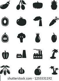 Solid Black Vector Icon Set - tomato vector, carrot, rose hip, cornels, mulberry, goji berry, delicious plum, half loquat, guava, ripe pineapple, Bell pepper, garlic, broccoli, eggplant, pumpkin