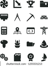 Solid Black Vector Icon Set - negative chart vector, folder bookmark, gears, pavement, map, mushroom, mint, power pole, drop of oil, calculator, fan, coding, lan connector, sd card, drawing compass