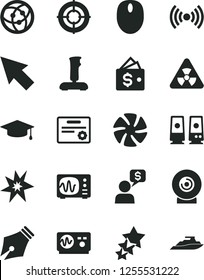 Solid Black Vector Icon Set - lens vector, fan, mouse, pc speaker, network, wireless, joystick, cursor, nuclear, oscilloscope, ink pen, bang, graduate, certificate, aim, wallet, three stars, yacht