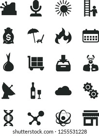 Solid Black Vector Icon Set - cargo trolley vector, put in a box, onion, calendar, cashbox, cloud, molecule, atom, dna, gears, flame, scientist, satellite antenna, man with ladder, money bag, wine