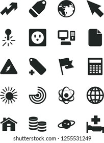 Solid Black Vector Icon Set - house vector, growth up, add label, calculator, earth, flag, socket, mercury thermometer, coins, computer, cursor, file, electricity, atom, radar, saturn, sun