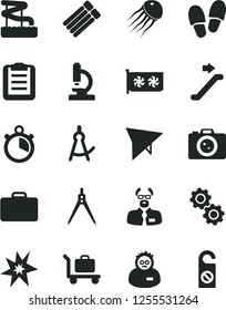 Solid Black Vector Icon Set - gpu card vector, microscope, gears, scientist, clipboard, drawing compass, stopwatch, bang, hang glider, escalator, suitcase, aquapark, baggage, camera, jellyfish