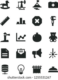 Solid Black Vector Icon Set - incandescent lamp vector, mark of injury, yardstick, scribbled paper, graph, bag a paramedic, small teddy bear, rocking horse, received letter, big data server, caliper