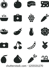 Solid Black Vector Icon Set - bag of a paramedic vector, medical, piece cheese, hot porridge, plate fruit, carrot, cherry, pomegranate, large grape, squash, rose hip, fig, loquat, half, beet, peas