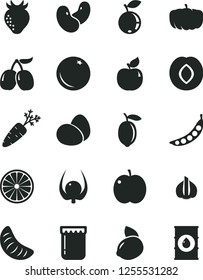 Solid Black Vector Icon Set - eggs vector, jam, orange, apple, apricot, plum, strawberry, blueberry, tasty cornels, slice of tangerine, lemon, yellow, half, physalis, garlic, carrot, peas, beans