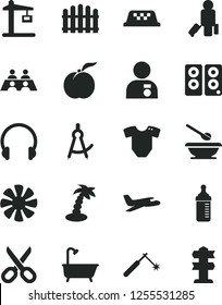 Solid Black Vector Icon Set - scissors vector, measuring bottle for feeding, t short, plates and spoons, bath, hedge, headphones, ripe peach, Construction crane, welding, conversation, fan, plane