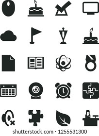 Solid Black Vector Icon Set - alarm clock vector, clean sheet of paper, silent mode, pennant, cake, Puzzle, Puzzles, book, lens, leaf, wall calendar, mouse, monitor, cloud, atom, gold ring, confirm