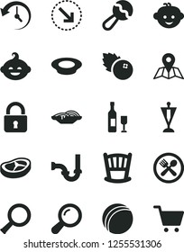 Solid Black Vector Icon Set - cradle vector, beanbag, bath ball, children's hairdo, funny, sewerage, lock, map, right bottom arrow, slices of onion, a plate milk, bacon, blueberries, history, zoom