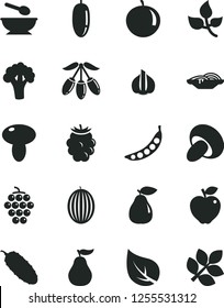 Solid Black Vector Icon Set - deep plate with a spoon vector, slices of onion, mushroom, porcini, cucumber, large grape, pear, red apple, blackberry, melon, goji berry, date fruit, tangerine, garlic