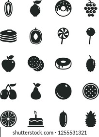 Solid Black Vector Icon Set - cake vector, with a hole, glazed, Chupa Chups, lollipop, pear, biscuit, pancakes, orange, large grape, quince, red apple, mulberry, tasty cornels, delicious plum, sweet