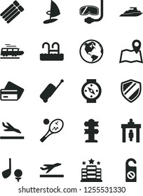 Solid Black Vector Icon Set - earth vector, train, security gate, rolling case, departure, arrival, credit card, pool, diving mask, hotel, tennis, map, shield, signpost, golf, yacht, windsurfing