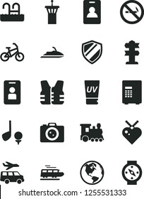Solid Black Vector Icon Set - earth vector, train, bike, airport tower, identity card, uv cream, pool, camera, transfer, access, safe, shield, no smoking sign, signpost, golf, life vest, jet ski