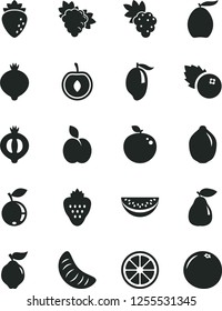 Solid Black Vector Icon Set - blueberries vector, strawberry, apple, grape, branch of, quince, pear, raspberry, medlar, half, blueberry, mango, loquat, water melon slice, tangerine, cherry, lime