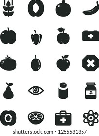 Solid Black Vector Icon Set - mark of injury vector, first aid kit, powder, bag a paramedic, eye, tomato, jar jam, pear, mint, peach, apple, half apricot, pomegranate, red, passion fruit, banana
