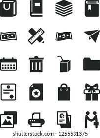 Solid Black Vector Icon Set - bin vector, folder, book, packing of juice with a straw, writing accessories, picture, pile, bag handles, dollar, statistical research, calendar, gift, printer, patente