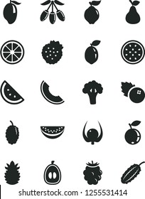Solid Black Vector Icon Set - blueberries vector, strawberries, pear, orange slice, quince, blackberry, blueberry, mulberry, of melon, mango, goji berry, water, half loquat, juicy lemon, sour lime