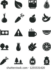 Solid Black Vector Icon Set - warning vector, carrot, cup of tea, a glass, apricot, rose hip, water melon slice, half loquat, lemon, part guava, hot pepper, onion, broccoli, leaf, trees, forest