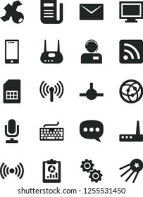 Solid Black Vector Icon Set - desktop microphone vector, monitor window, keyboard, rss feed, envelope, smartphone, operator, SIM card, statistical overview, newspaper, speech, router, network, gears