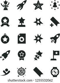 Solid Black Vector Icon Set - add bookmark vector, rocket, bang, star cup, reward, medal, flag, ribbon, certificate, stars around man, three, flying, disco ball, starfish, compass