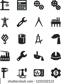 Solid Black Vector Icon Set - repair key vector, hook, gears, construction helmet, working oil derrick, manufacture, power line, industrial building, enterprise, crane, pipes, steel, calipers