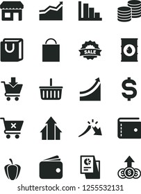 Solid Black Vector Icon Set - paper bag vector, grocery basket, purse, positive histogram, put in cart, crossed, with handles, coins, ripe pepper, oil, kiosk, a crisis, denomination of the dollar