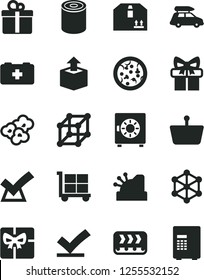 Solid Black Vector Icon Set - cargo trolley vector, bag of a paramedic, strongbox, cardboard box, gift, unpacking, tin, pizza, popcorn, conveyor, shopping basket, giftbox, cashbox, 3d cube, confirm