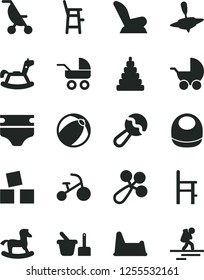 Solid Black Vector Icon Set - diaper vector, baby bib, beanbag, rattle, car child seat, stroller, carriage, summer, bath ball, stacking toy, sand set, potty chair, a for feeding, small yule