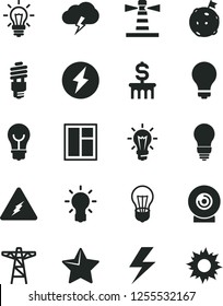 Solid Black Vector Icon Set - lightning vector, matte light bulb, window, star, storm cloud, lens, power pole, energy saving, lighthouse, electricity, flag on moon, dollar column, sun