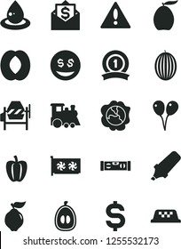Solid Black Vector Icon Set - warning vector, children's train, colored air balloons, concrete mixer, building level, squash, quince, melon, loquat, half peach, Bell pepper, drop of oil, gpu card