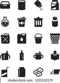 Solid Black Vector Icon Set - wicker pot vector, mug for feeding, measuring cup, bottle, powder, baby, e, bucket, dust bin, drawer, package, unpacking, popcorn, coffe to go, round flask, barrel, jar