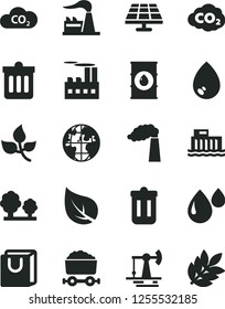 Solid Black Vector Icon Set - dust bin vector, drop, bag with handles, solar panel, working oil derrick, leaves, leaf, manufacture, factory, hydroelectric station, trees, industrial building, CO2