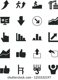 Solid Black Vector Icon Set - downward direction vector, line chart, growth, positive histogram, a chair for feeding, tower crane, winch hook, index finger, thumb up, move, left, right bottom arrow