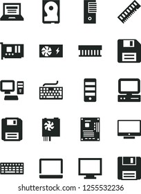 Solid Black Vector Icon Set - floppy disk vector, laptop, monitor, keyboard, screen, computer, notebook pc, radiator fan, power supply, tower, motherboard, memory, card, hdd