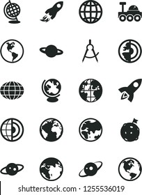 Solid Black Vector Icon Set - sign of the planet vector, earth, scribed compasses, space rocket, globe, core, saturn, lunar rover, flag on moon