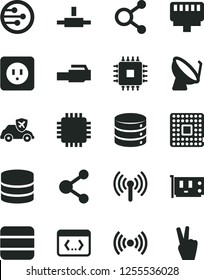 Solid Black Vector Icon Set - power socket type b vector, big data, autopilot, processor, satellite dish, connection, connections, cpu, pc card, network, connect, coding, lan connector, wireless