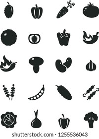 Solid Black Vector Icon Set - fried vegetables on sticks vector, mushroom, meat skewers, cabbage, cucumber, tomato, chili, peper, squash, mulberry, half, Bell pepper, ripe, hot, garlic, onion, peas