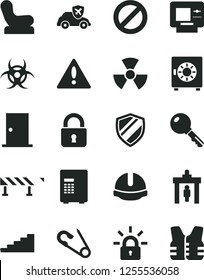 Solid Black Vector Icon Set - warning vector, prohibition, Baby chair, open pin, ntrance door, construction helmet, road fence, lock, key, strongbox, autopilot, encrypting, nuclear, biohazard, atm