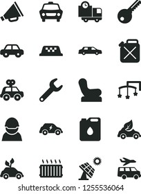 Solid Black Vector Icon Set - horn vector, toys over the cot, Baby chair, motor vehicle, present, key, car, delivery, big solar panel, racer, canister, of oil, eco, electric, repair, limousine, taxi
