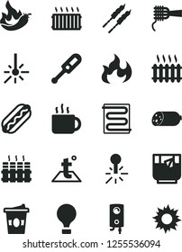 Solid Black Vector Icon Set - electronic thermometer vector e, heating coil, temperature, radiator, boiler, sausage, Hot Dog, noodles, barbecue, cup of tea, coffe to go, a glass, pepper, mercury
