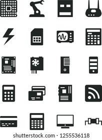 Solid Black Vector Icon Set - lightning vector, bank card, calculator, rss feed, screen, cards, processor, assembly robot, SIM, engineer, pc power supply, tower, motherboard, usb, router, resistor