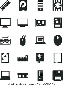 Solid Black Vector Icon Set - laptop vector, monitor, keyboard, screen, tablet pc, notebook, radiator fan, mouse, power supply, tower, motherboard, memory, card, hdd, floppy