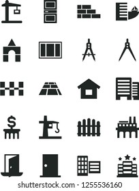 Solid Black Vector Icon Set - box of bricks vector, dwelling, brick wall, window frame, ntrance door, interroom, buildings, city block, ceramic tiles, hedge, paving slab, industrial enterprise, exit