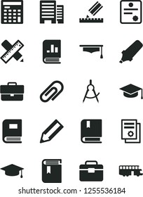 Solid Black Vector Icon Set - clip vector, briefcase, book, e, portfolio, buildings, writing accessories, drawing, square academic hat, scribed compasses, pencil, text highlighter, on statistics