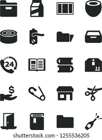 Solid Black Vector Icon Set - book vector, open pin, books, window frame, door knob, folder, drawer, cardboard box, 24, package, canned goods, half of coconut, kiosk, get a wage, exit, grand opening