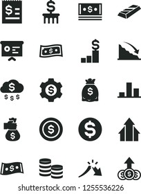 Solid Black Vector Icon Set - coins vector, chart, recession, a crisis, dollar, article on the, dollars, cash, financial report, growth arrows, gold bar, money bag hand, rain, coin, pedestal, column