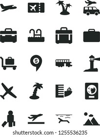 Solid Black Vector Icon Set - suitcase vector, case, coastal lighthouse, dollar pin, plane, bus, passenger, passport, ticket, departure, hotel, beach, palm tree, pool, baggage, transfer, mountains