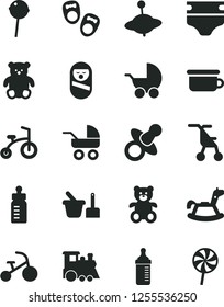 Solid Black Vector Icon Set - dummy vector, feeding bottle, measuring for, diaper, baby stroller, carriage, sitting, roly poly doll, toy sand set, children's potty, teddy bear, small, train, yule