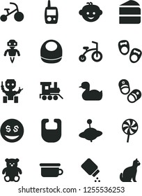 Solid Black Vector Icon Set - baby powder vector, bib, rubber duck, toy mobile phone, children's potty, small teddy bear, hairdo, train, yule, child bicycle, tricycle, shoes for little children